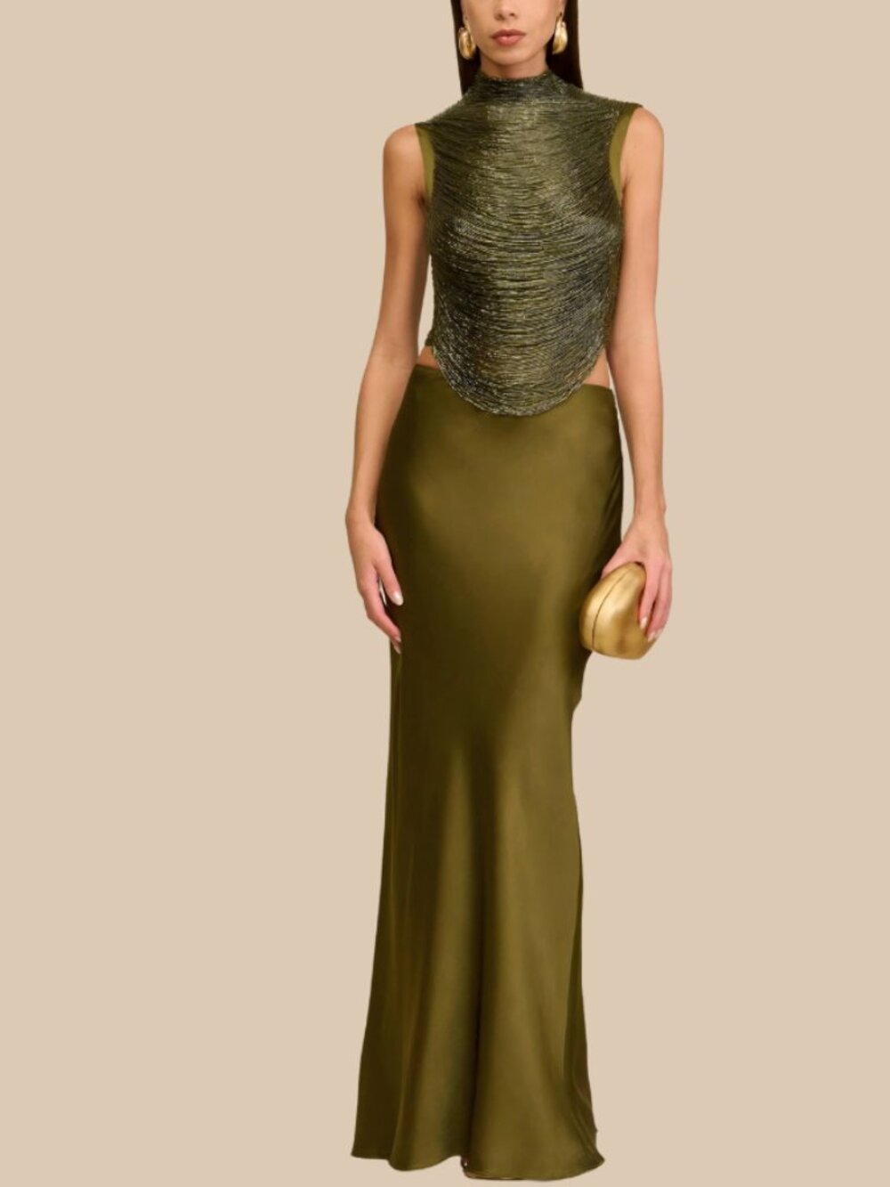 Olive Green Metallic Fringe Top & Satin Maxi Skirt 2-Piece Evening Set
